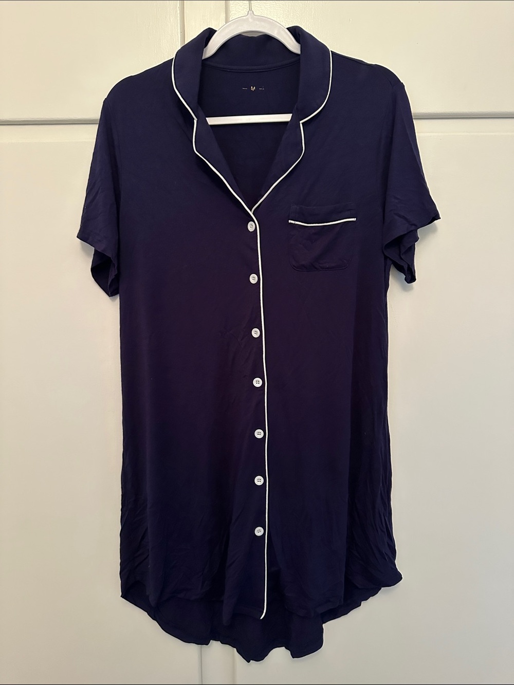 LIKE NEW Women's Navy Short-Sleeve Button Front Nightgown with Contrast Piping